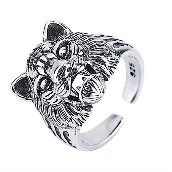 STERLING SILVER LION TIGER HEAD PUNK VIKING RING - Picture 5 of 6